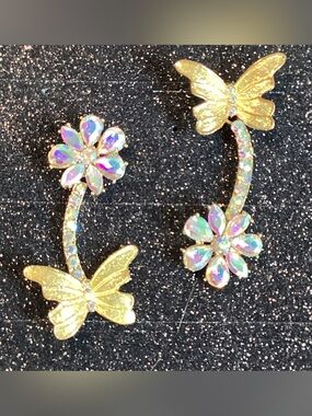 Gold Butterfly & Aurora Crystal Flower Earrings